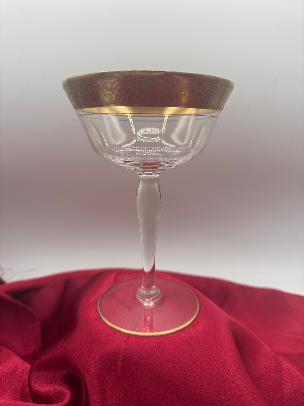 Champagne Coupe "Rambler Rose" pattern produced by Tiffin-Franciscan Glass Co.